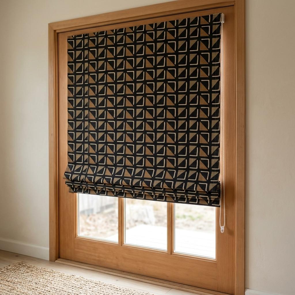 Black Beige Linen Roman Shade, Tribal Boho Geometric Roman Blind, Custom Corded Window Shade, Camel Neutral Blackout — image 4