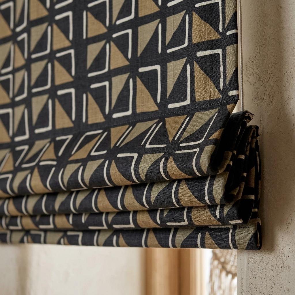 Black Beige Linen Roman Shade, Tribal Boho Geometric Roman Blind, Custom Corded Window Shade, Camel Neutral Blackout — image 1