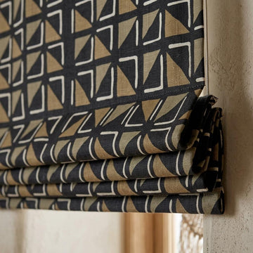 Black Beige Linen Roman Shade, Tribal Boho Geometric Roman Blind, Custom Corded Window Shade, Camel Neutral Blackout — image 1