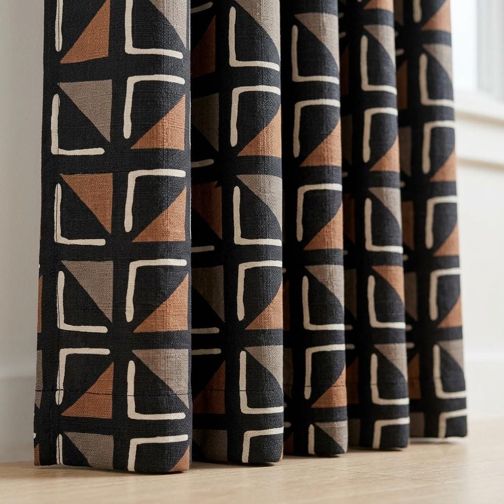 Black Terracotta Ivory Tribal Linen Curtains, Boho Geometric Drapes, Custom Blackout Panels, Modern Rustic Decor — image 4