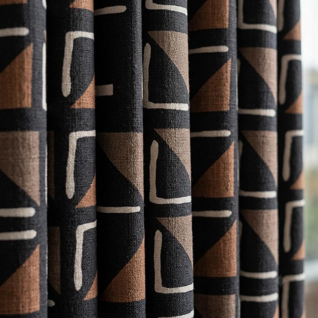 Black Terracotta Ivory Tribal Linen Curtains, Boho Geometric Drapes, Custom Blackout Panels, Modern Rustic Decor — image 3