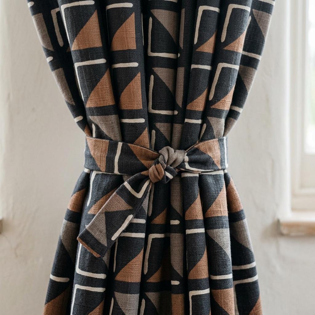 Black Terracotta Ivory Tribal Linen Curtains, Boho Geometric Drapes, Custom Blackout Panels, Modern Rustic Decor — image 1