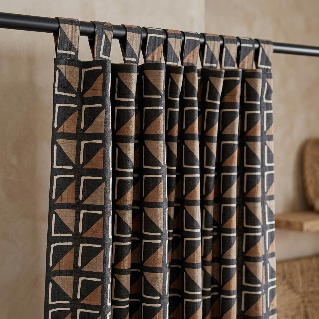 Black Terracotta Ivory Tribal Linen Curtains, Boho Geometric Drapes, Custom Blackout Panels, Modern Rustic Decor — image 10