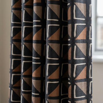 Black Terracotta Ivory Tribal Linen Curtains, Boho Geometric Drapes, Custom Blackout Panels, Modern Rustic Decor — image 1