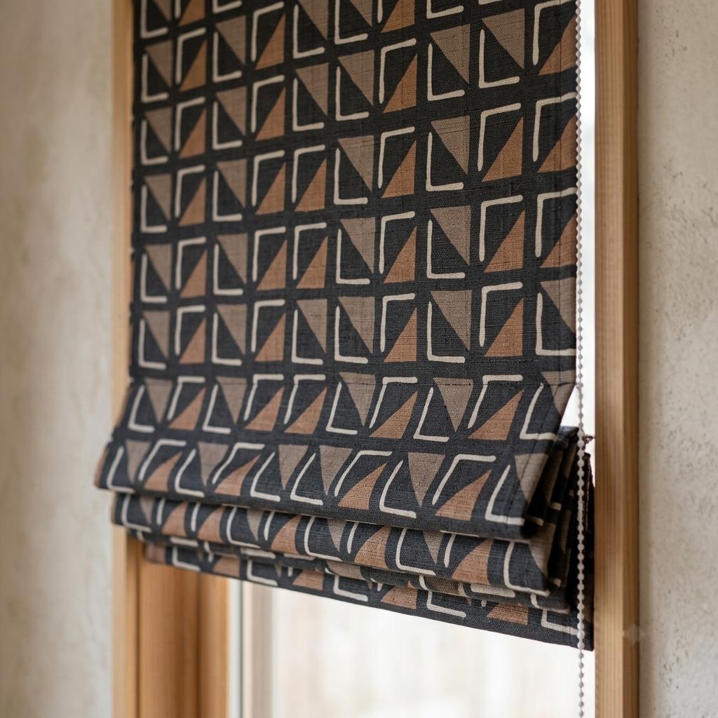 Black Rust Linen Roman Shade, Tribal Boho Geometric Roman Blind, Custom Corded Window Shade, Beige Terracotta Blackout — image 1