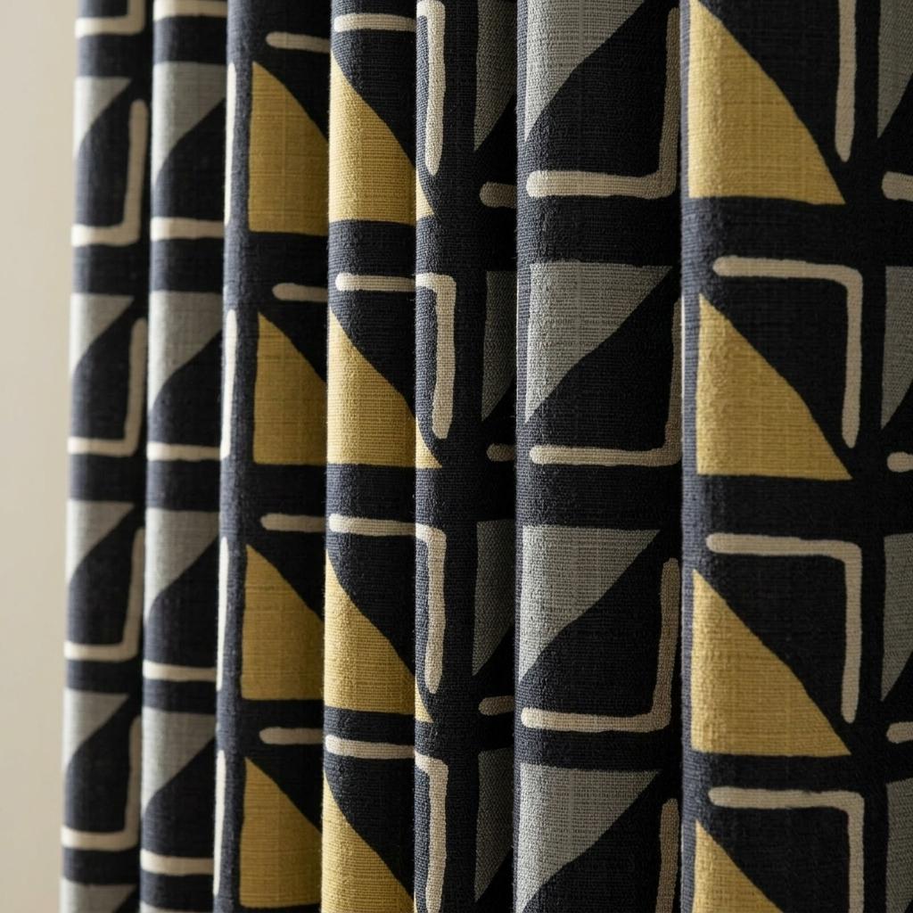 Black Mustard Ivory Tribal Linen Curtains, Boho Geometric Drapes, Custom Blackout Panels, Modern Rustic Decor — image 1
