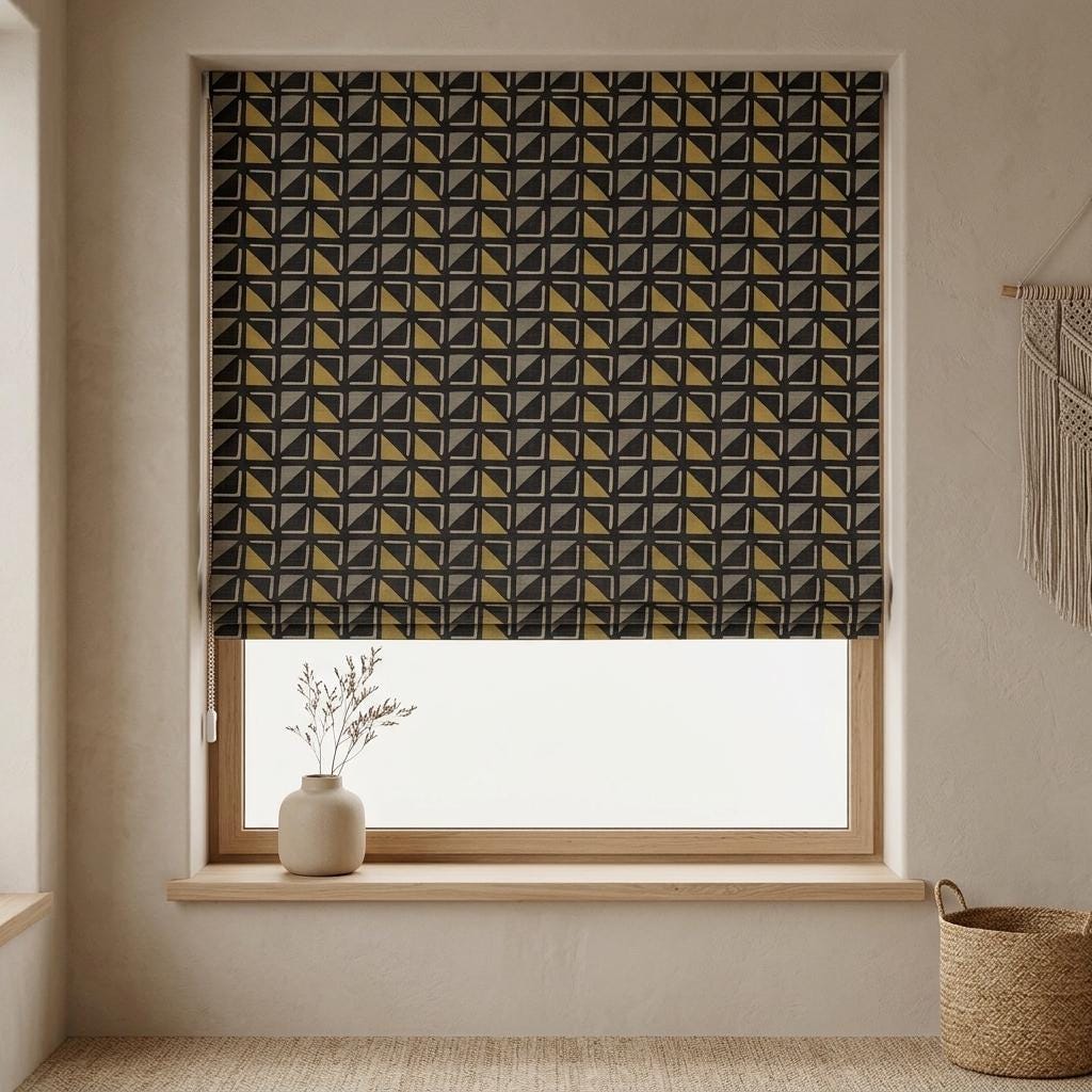 Black Mustard Linen Roman Shade, Tribal Boho Geometric Roman Blind, Custom Corded Window Shade, Gray Ivory Blackout — image 4