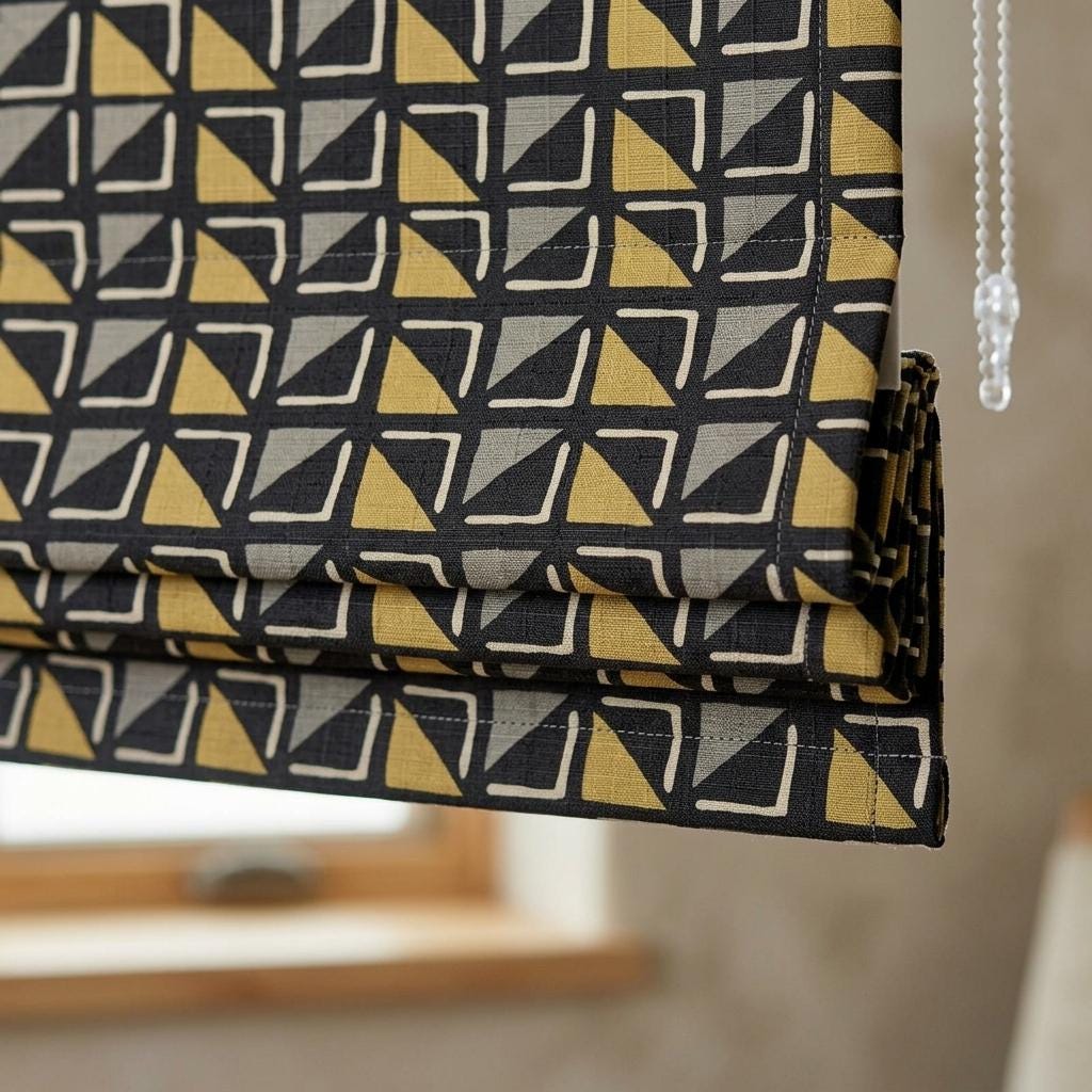 Black Mustard Linen Roman Shade, Tribal Boho Geometric Roman Blind, Custom Corded Window Shade, Gray Ivory Blackout — image 3