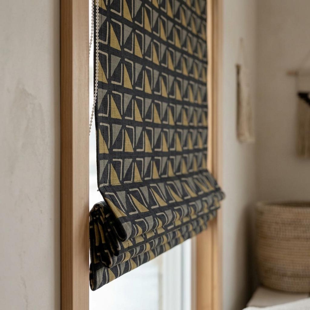 Black Mustard Linen Roman Shade, Tribal Boho Geometric Roman Blind, Custom Corded Window Shade, Gray Ivory Blackout — image 6
