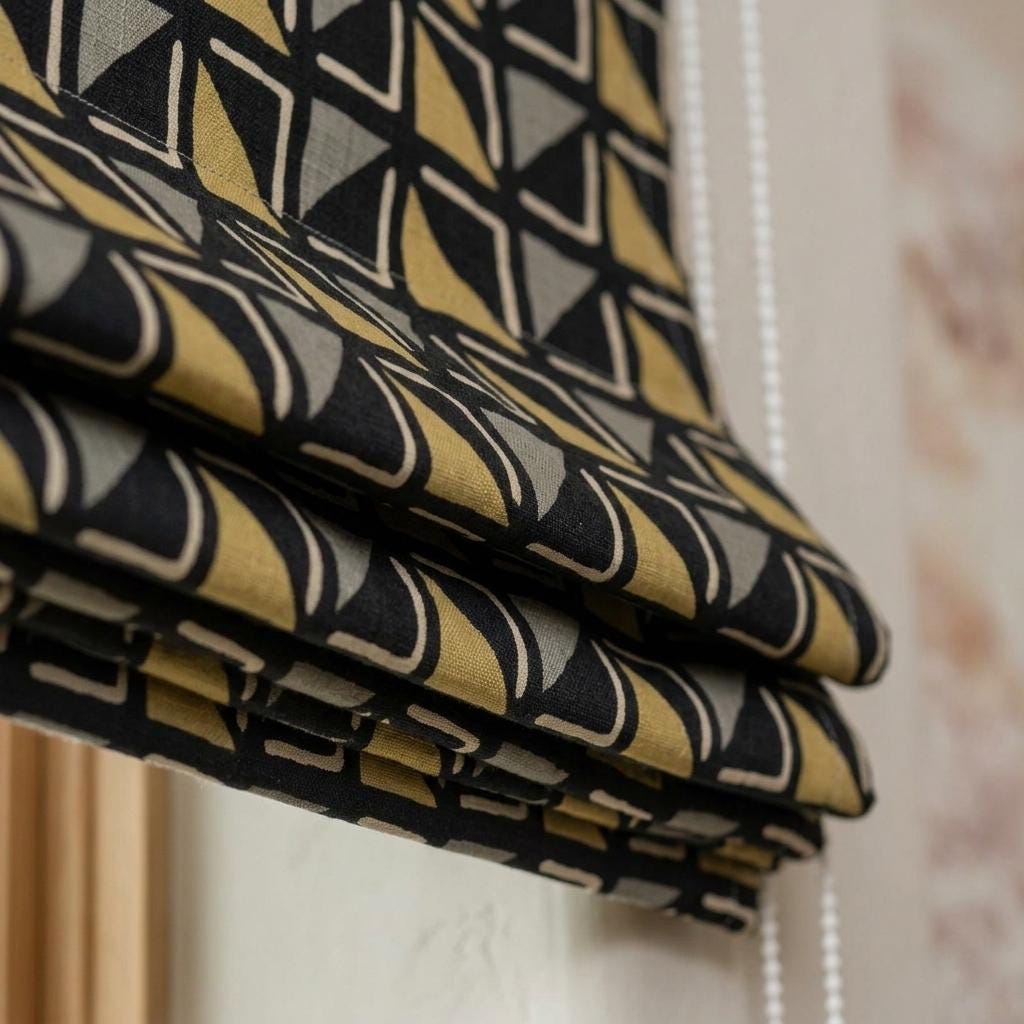 Black Mustard Linen Roman Shade, Tribal Boho Geometric Roman Blind, Custom Corded Window Shade, Gray Ivory Blackout — image 7