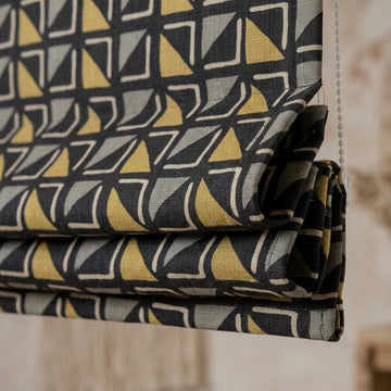 Black Mustard Linen Roman Shade, Tribal Boho Geometric Roman Blind, Custom Corded Window Shade, Gray Ivory Blackout — image 1