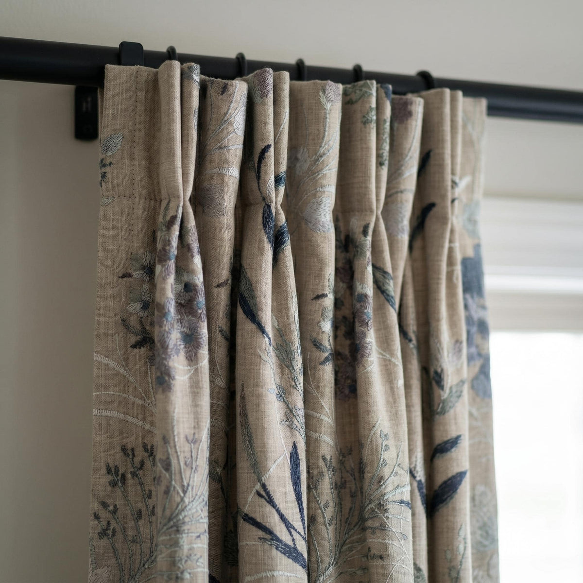 Natural Beige Linen Embroidered Curtains, Blue Wildflower Botanical Drapes, Custom Blackout or Cotton Lined Panels — image 8