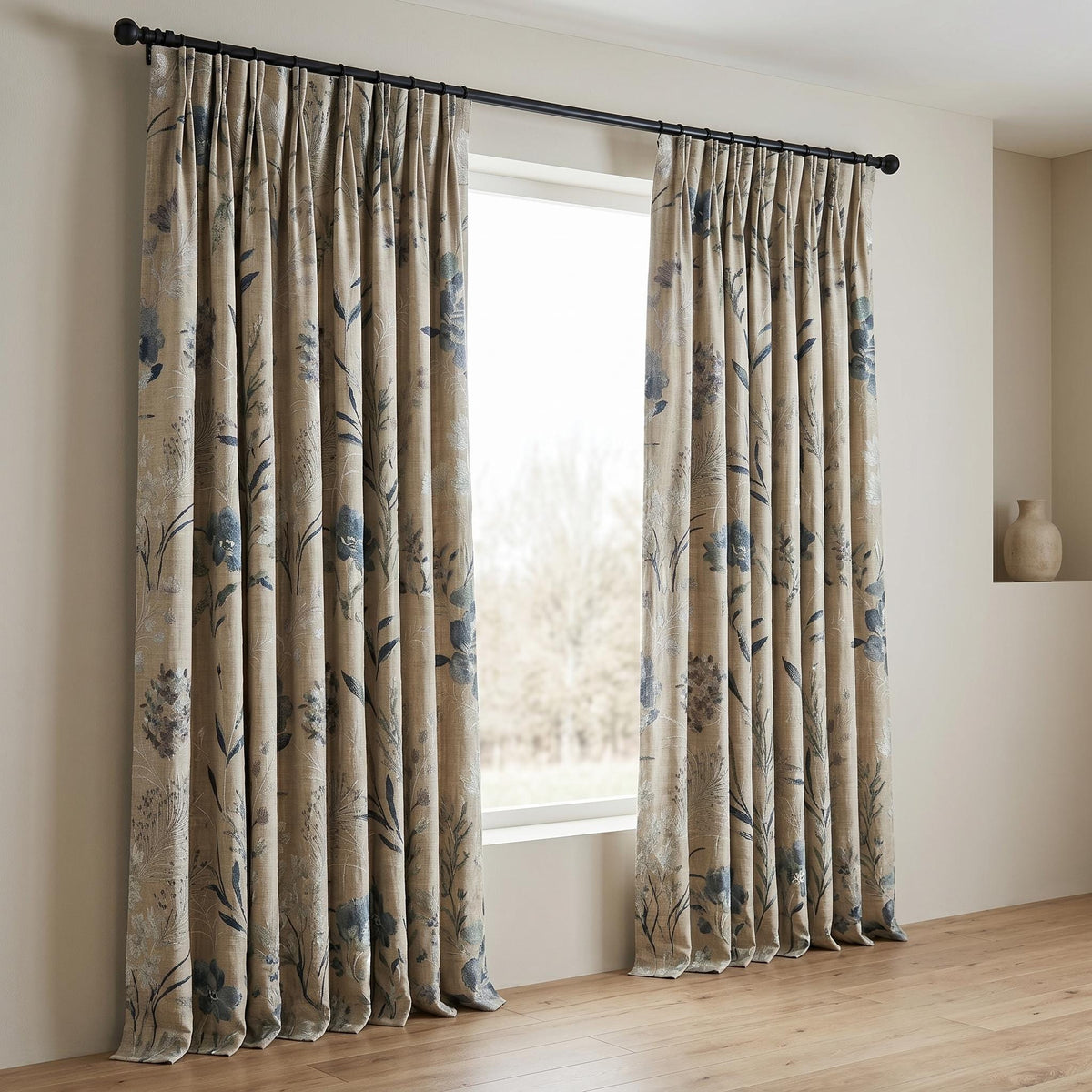 Natural Beige Linen Embroidered Curtains, Blue Wildflower Botanical Drapes, Custom Blackout or Cotton Lined Panels — image 6