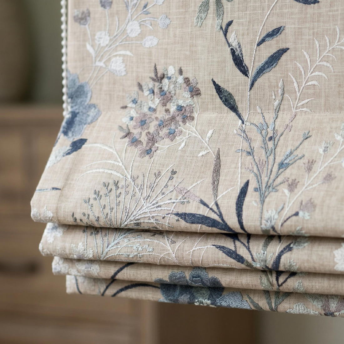 Natural Linen Roman Shade, Blue Ivory Embroidered Wildflower Blind, Custom Corded Window Shade, Blackout or Cotton Lined — image 1