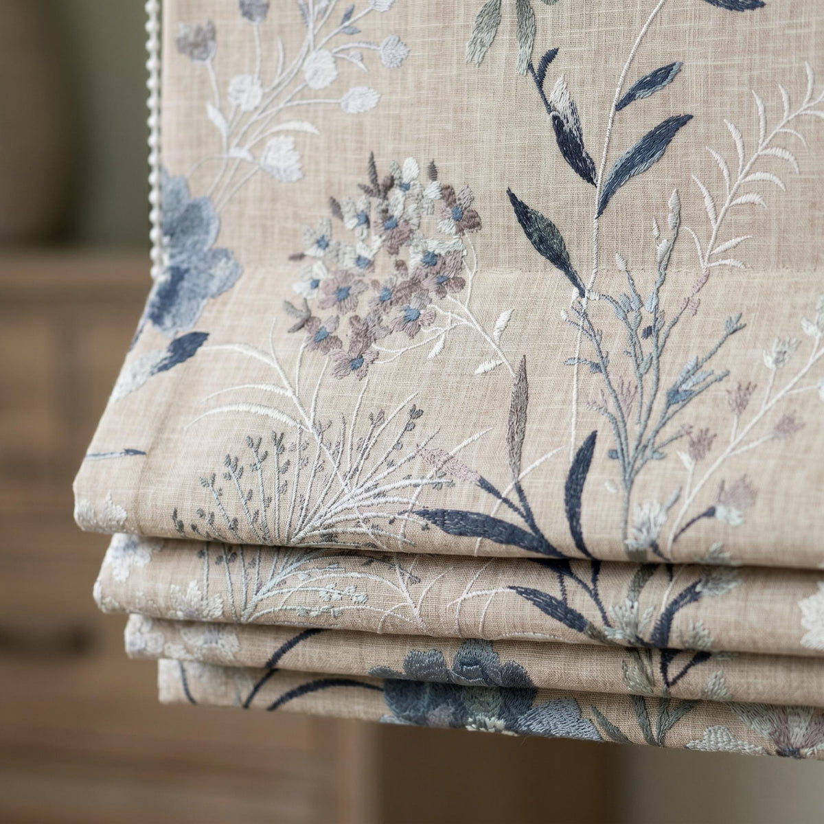 Natural Linen Roman Shade, Blue Ivory Embroidered Wildflower Blind, Custom Corded Window Shade, Blackout or Cotton Lined — image 1