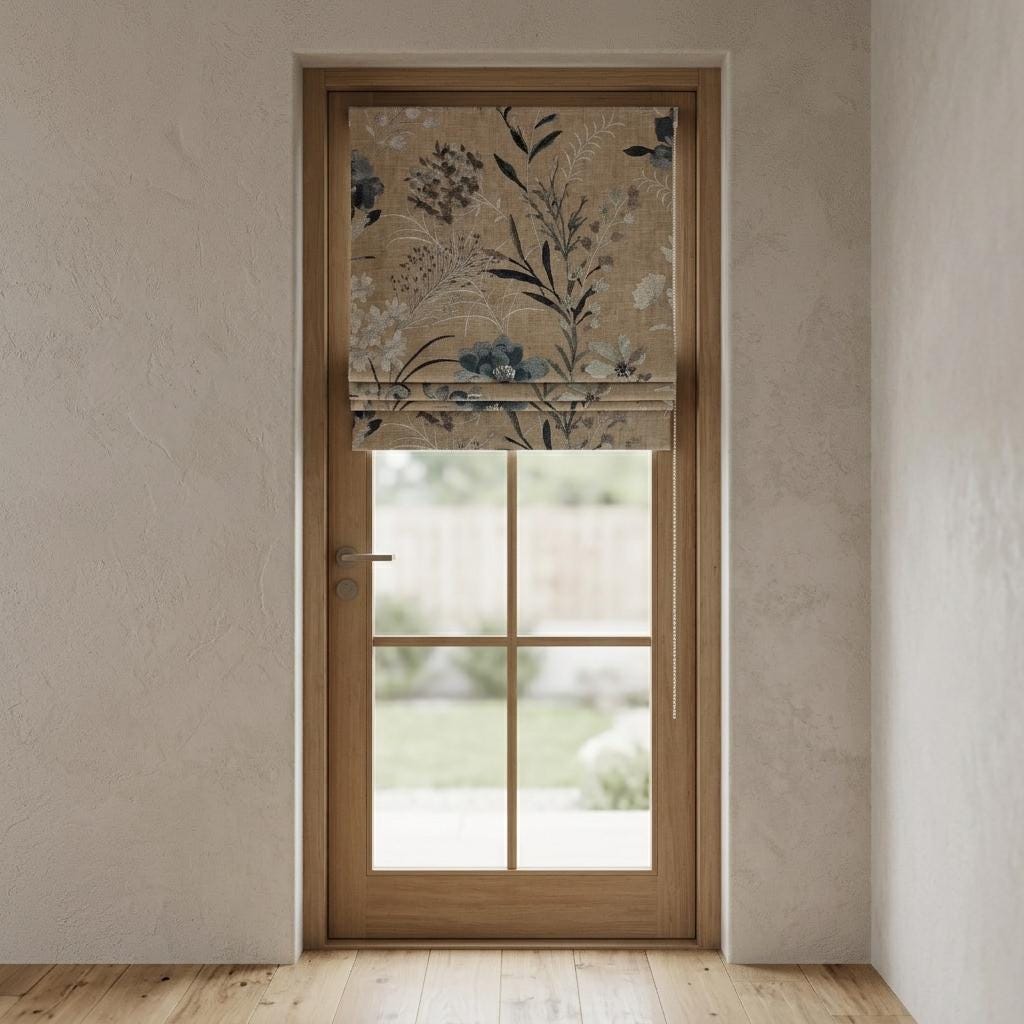 Natural Linen Roman Shade, Blue Ivory Embroidered Wildflower Blind, Custom Corded Window Shade, Blackout or Cotton Lined — image 4