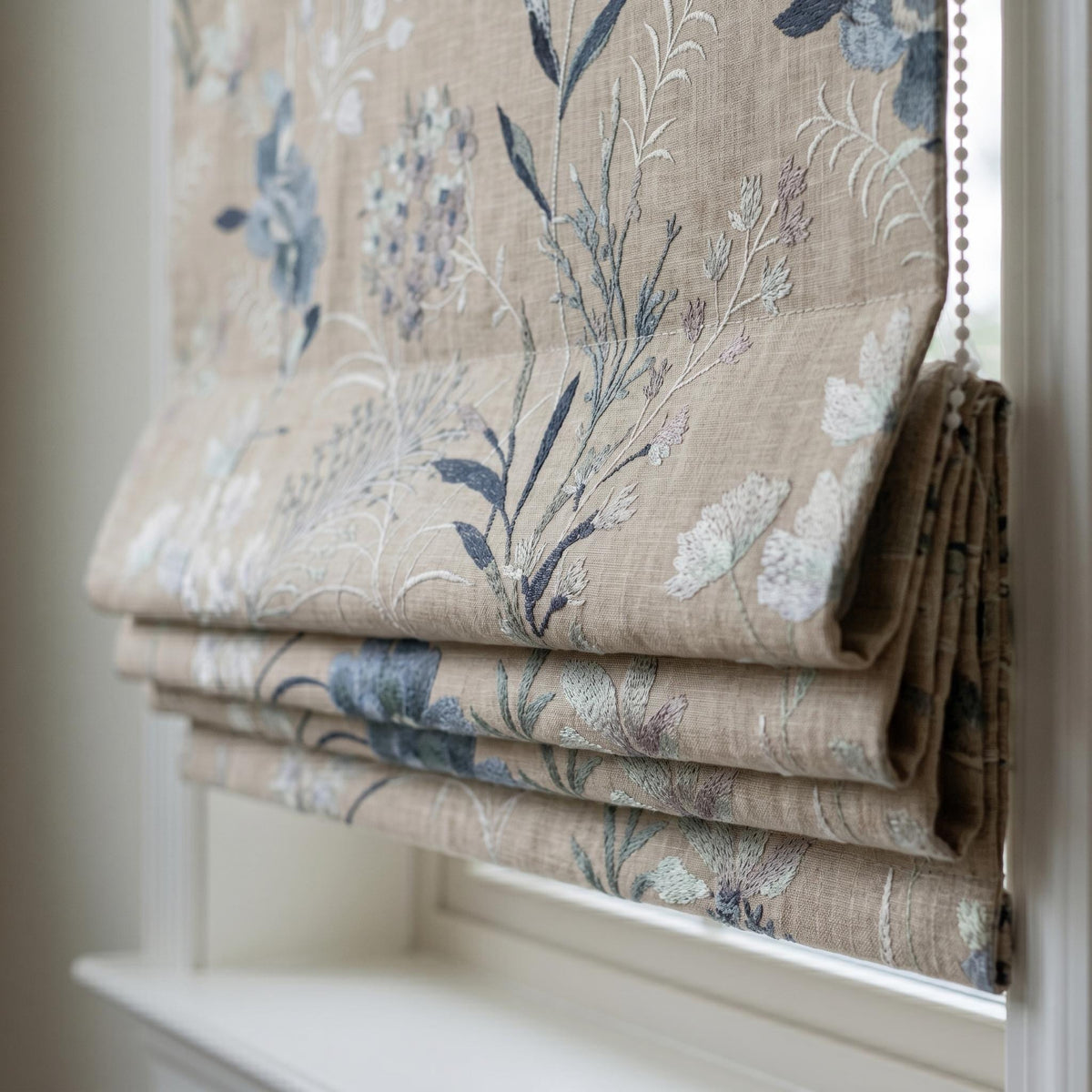 Natural Linen Roman Shade, Blue Ivory Embroidered Wildflower Blind, Custom Corded Window Shade, Blackout or Cotton Lined — image 6