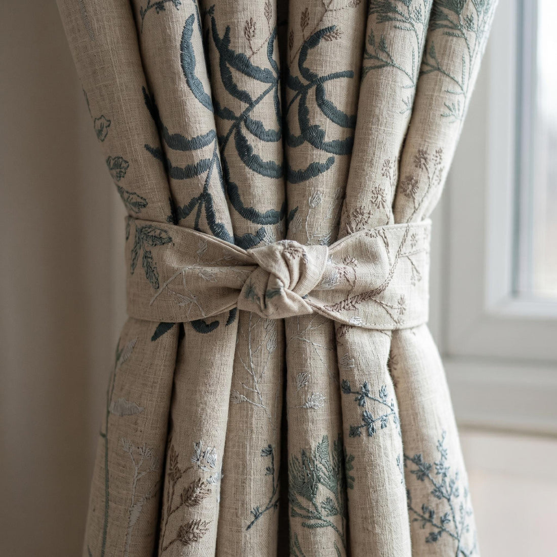 Natural Beige Linen Embroidered Curtains, Blue Wildflower Botanical Drapes, Custom Blackout or Cotton Lined Panels — image 1