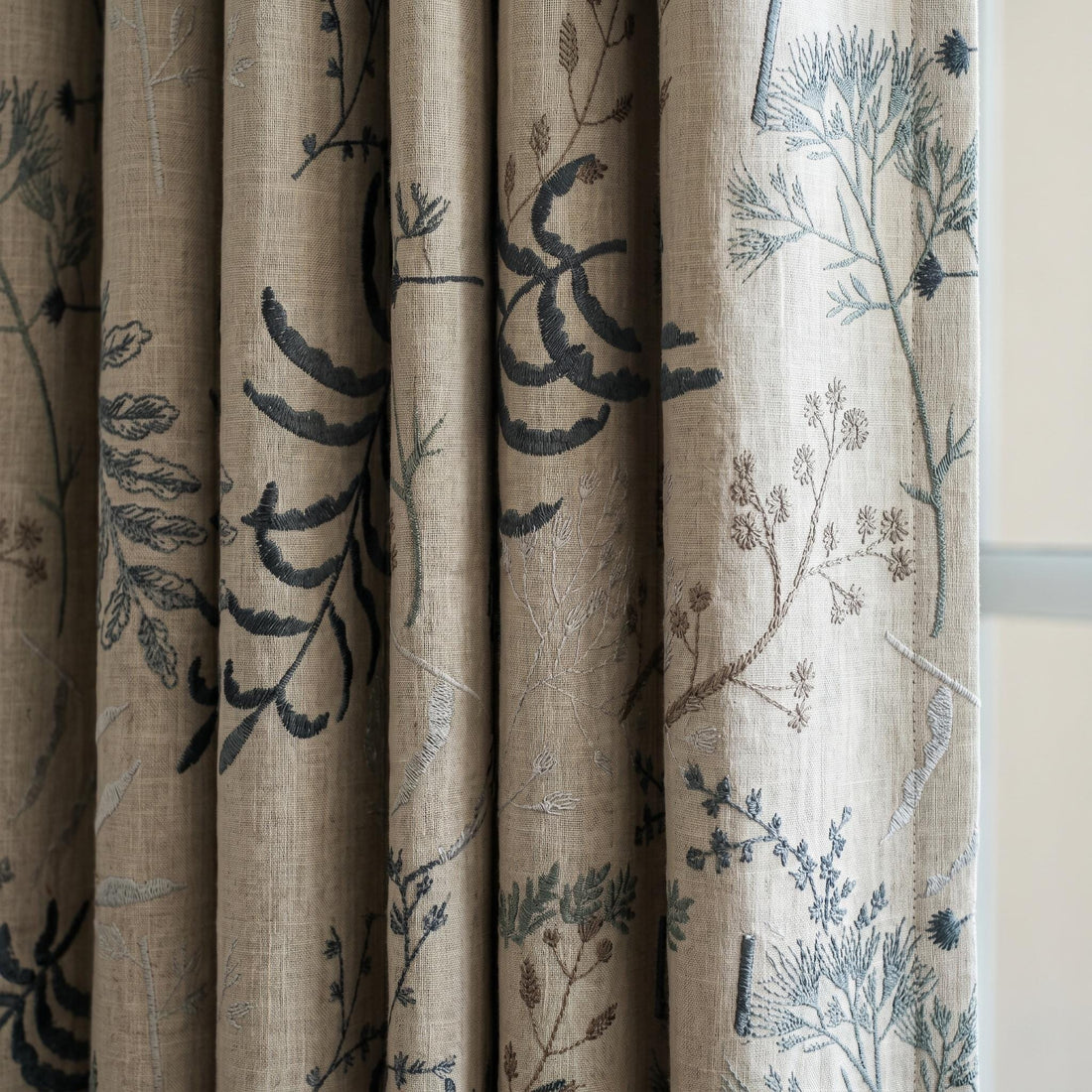 Natural Beige Linen Embroidered Curtains, Blue Wildflower Botanical Drapes, Custom Blackout or Cotton Lined Panels — image 1
