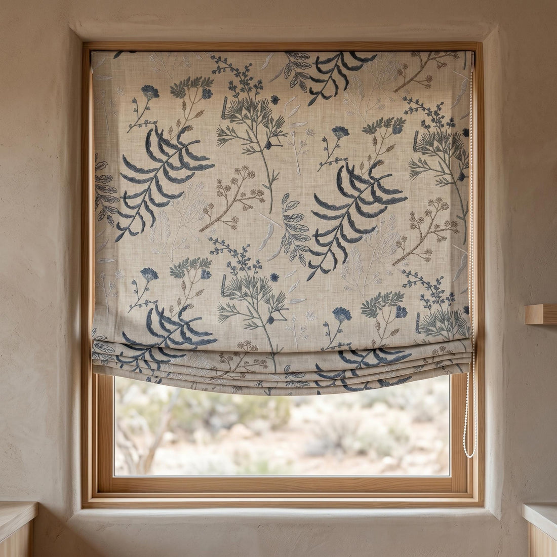 Natural Linen Roman Shade, Navy Blue Botanical Embroidered Blind, Custom Corded Window Shade, Blackout or Cotton Lined — image 1