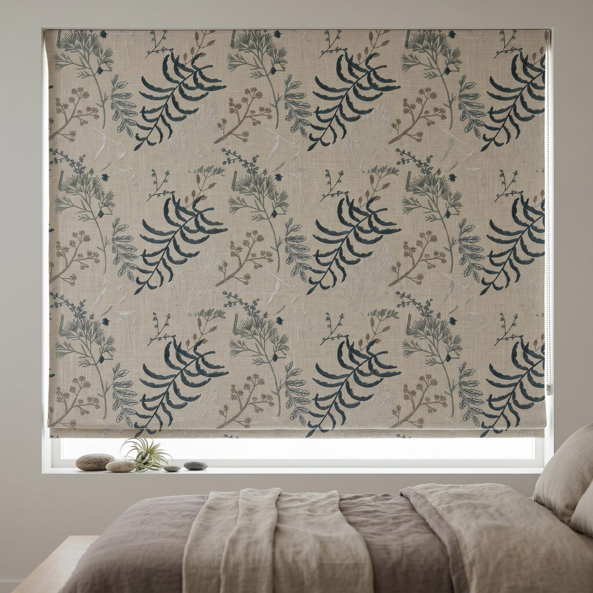 Natural Linen Roman Shade, Navy Blue Botanical Embroidered Blind, Custom Corded Window Shade, Blackout or Cotton Lined — image 5