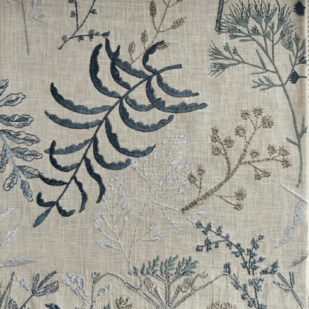 Natural Linen Roman Shade, Navy Blue Botanical Embroidered Blind, Custom Corded Window Shade, Blackout or Cotton Lined — image 6