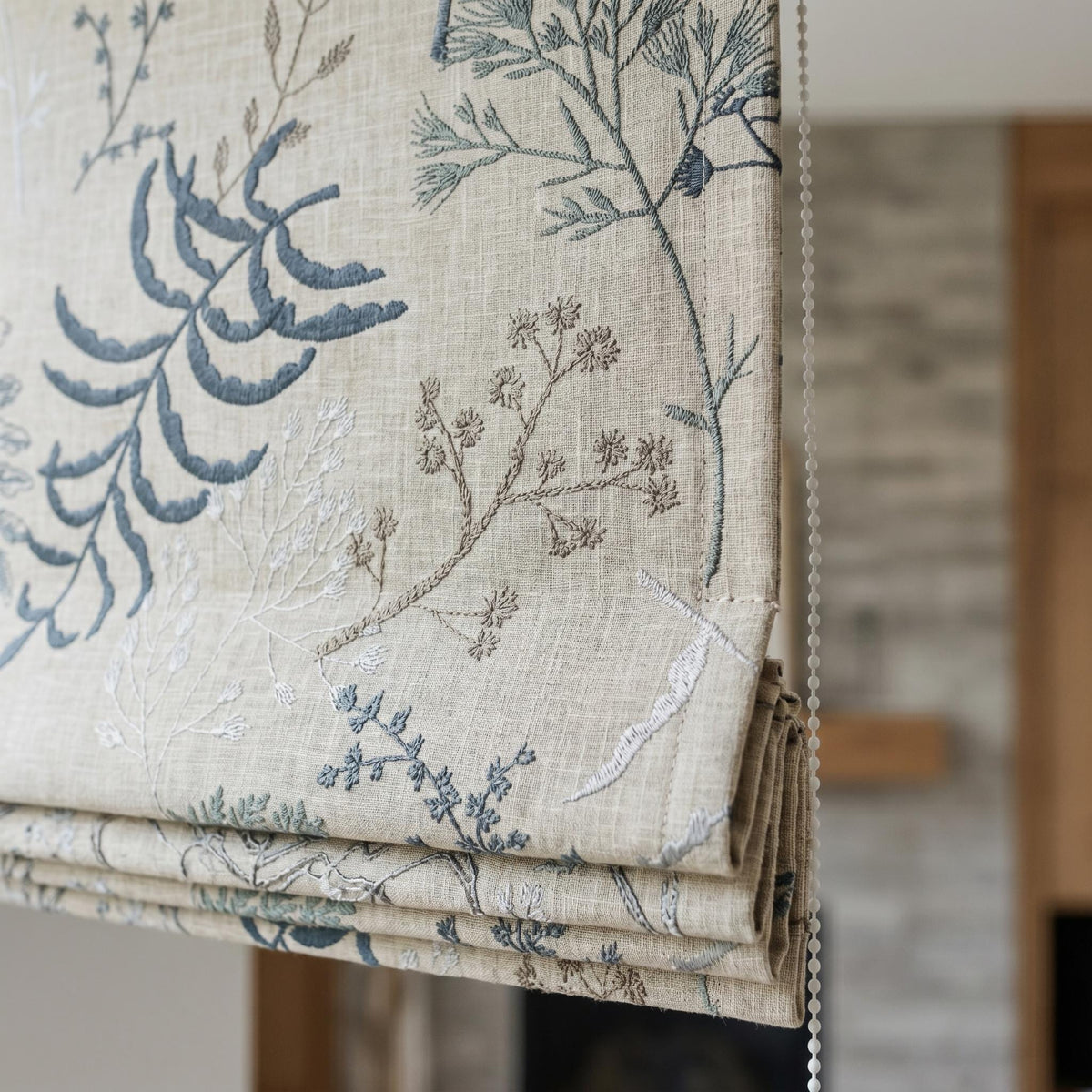 Natural Linen Roman Shade, Navy Blue Botanical Embroidered Blind, Custom Corded Window Shade, Blackout or Cotton Lined — image 7