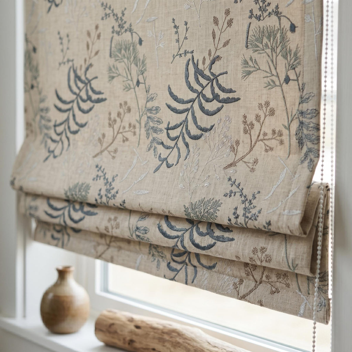 Natural Linen Roman Shade, Navy Blue Botanical Embroidered Blind, Custom Corded Window Shade, Blackout or Cotton Lined — image 8