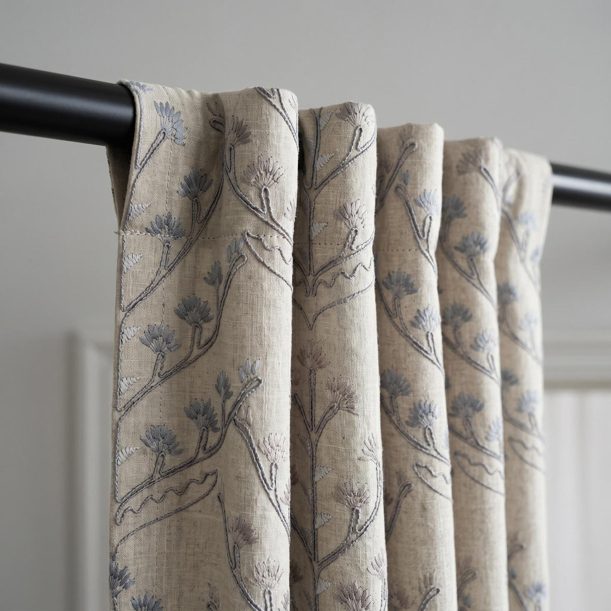 Natural Linen Embroidered Curtains, Blue Taupe Botanical Tree Drapes, Custom Blackout or Cotton Lined Panels — image 4