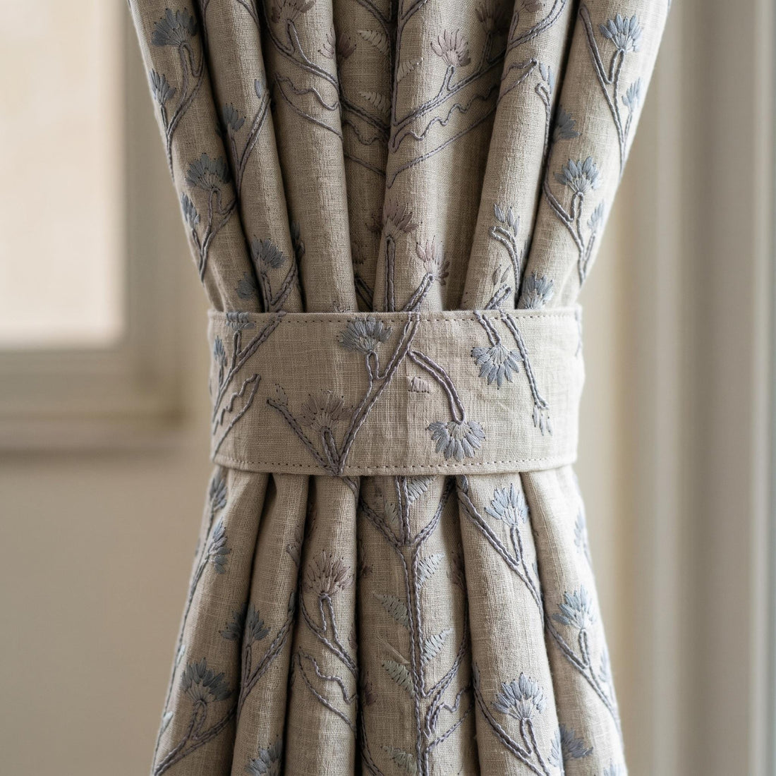 Natural Linen Embroidered Curtains, Blue Taupe Botanical Tree Drapes, Custom Blackout or Cotton Lined Panels — image 1