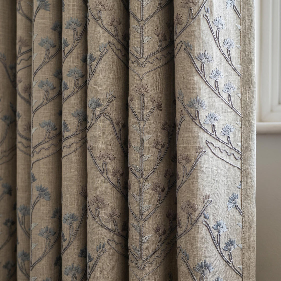 Natural Linen Embroidered Curtains, Blue Taupe Botanical Tree Drapes, Custom Blackout or Cotton Lined Panels — image 1