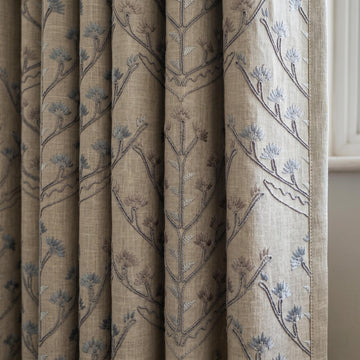 Natural Linen Embroidered Curtains, Blue Taupe Botanical Tree Drapes, Custom Blackout or Cotton Lined Panels — image 1