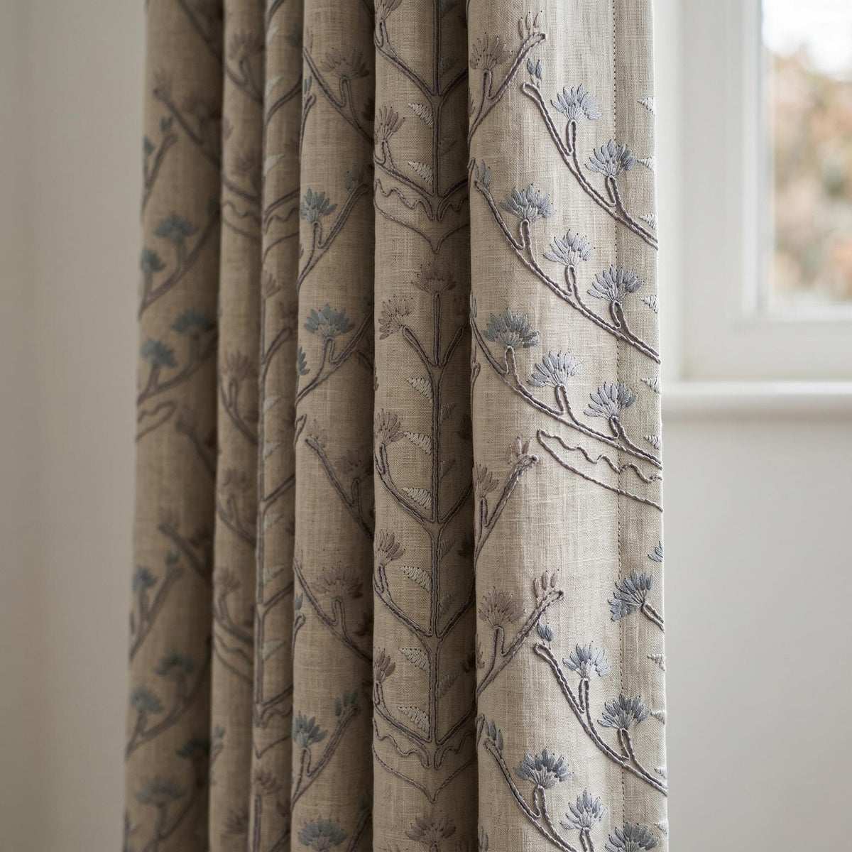 Natural Linen Embroidered Curtains, Blue Taupe Botanical Tree Drapes, Custom Blackout or Cotton Lined Panels — image 7