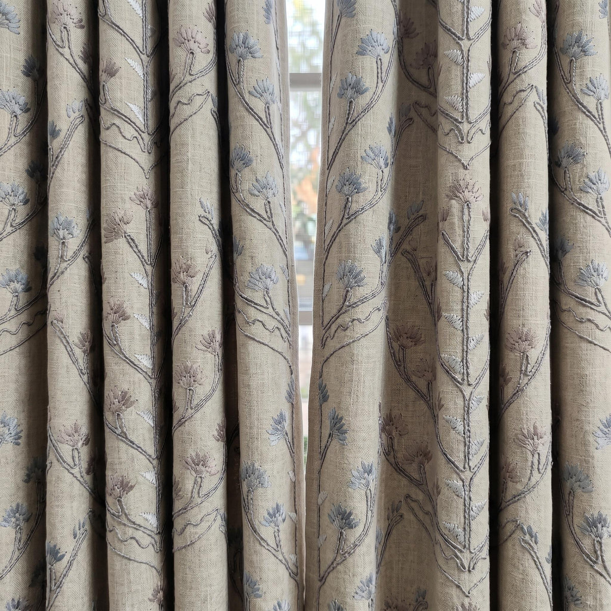 Natural Linen Embroidered Curtains, Blue Taupe Botanical Tree Drapes, Custom Blackout or Cotton Lined Panels — image 8