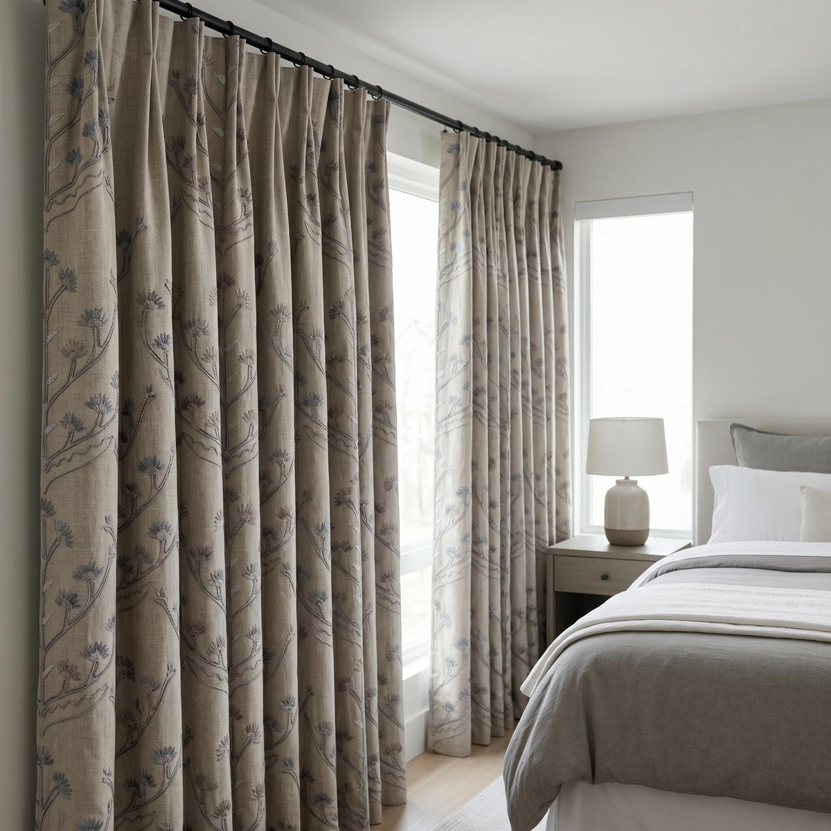 Natural Linen Embroidered Curtains, Blue Taupe Botanical Tree Drapes, Custom Blackout or Cotton Lined Panels — image 9