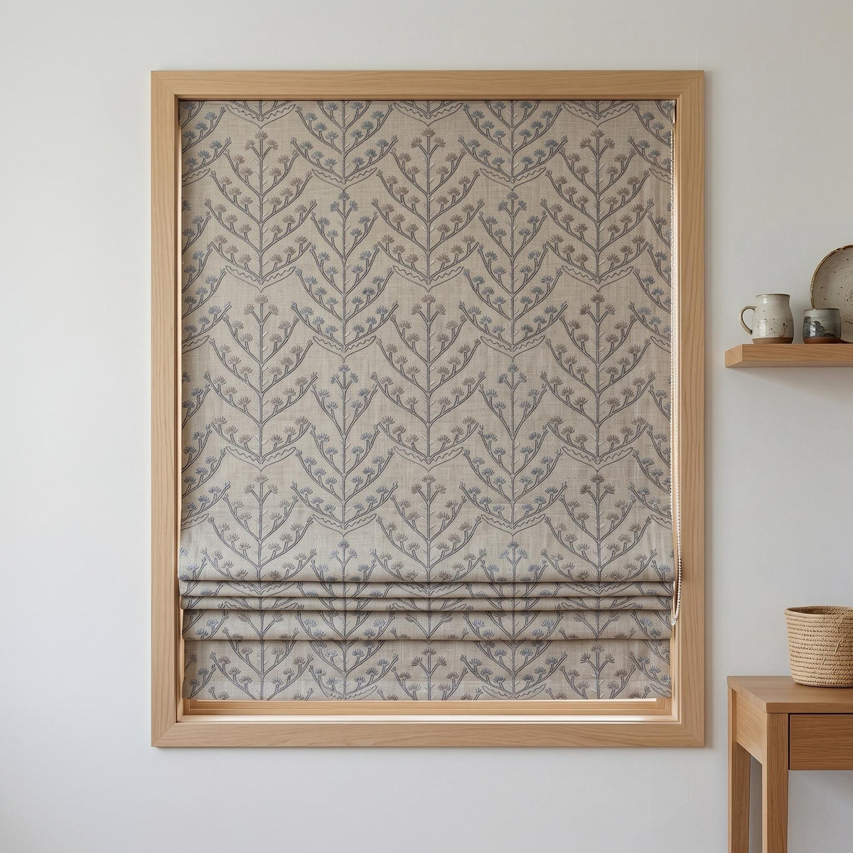 Natural Linen Roman Shade, Dusty Blue Taupe Embroidered Tree Blind, Custom Corded Window Shade, Blackout or Cotton Lined — image 7