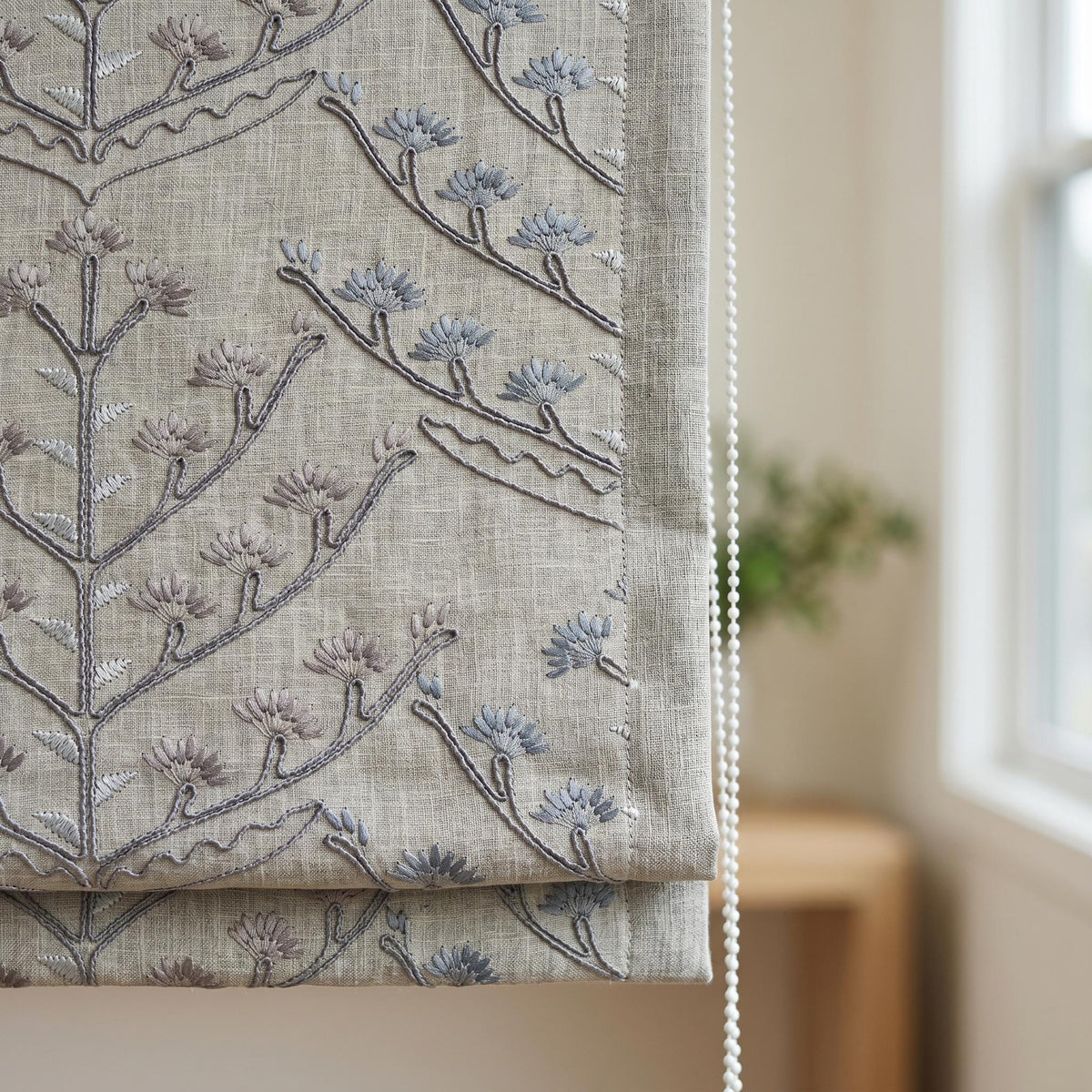 Natural Linen Roman Shade, Dusty Blue Taupe Embroidered Tree Blind, Custom Corded Window Shade, Blackout or Cotton Lined — image 4