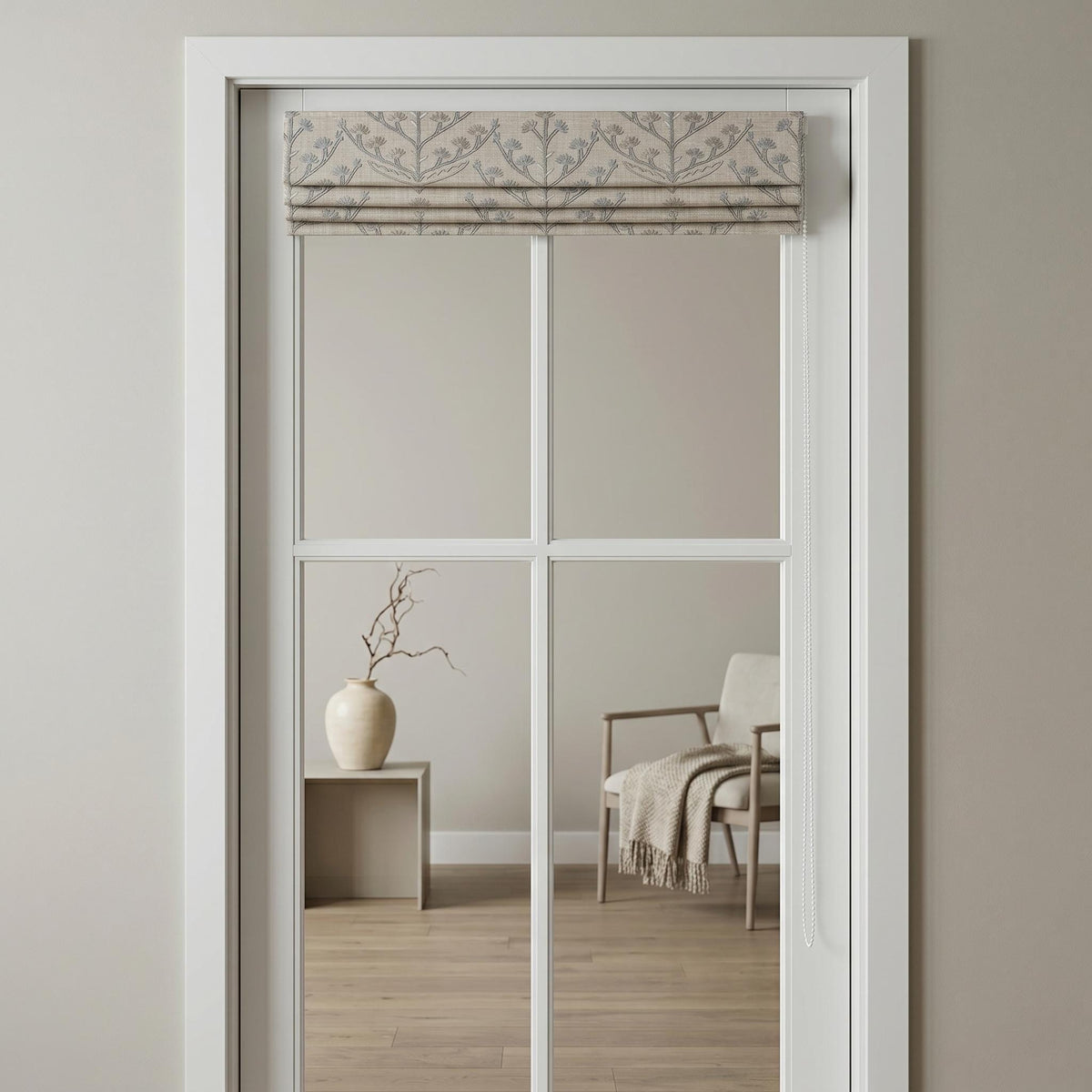 Natural Linen Roman Shade, Dusty Blue Taupe Embroidered Tree Blind, Custom Corded Window Shade, Blackout or Cotton Lined — image 8