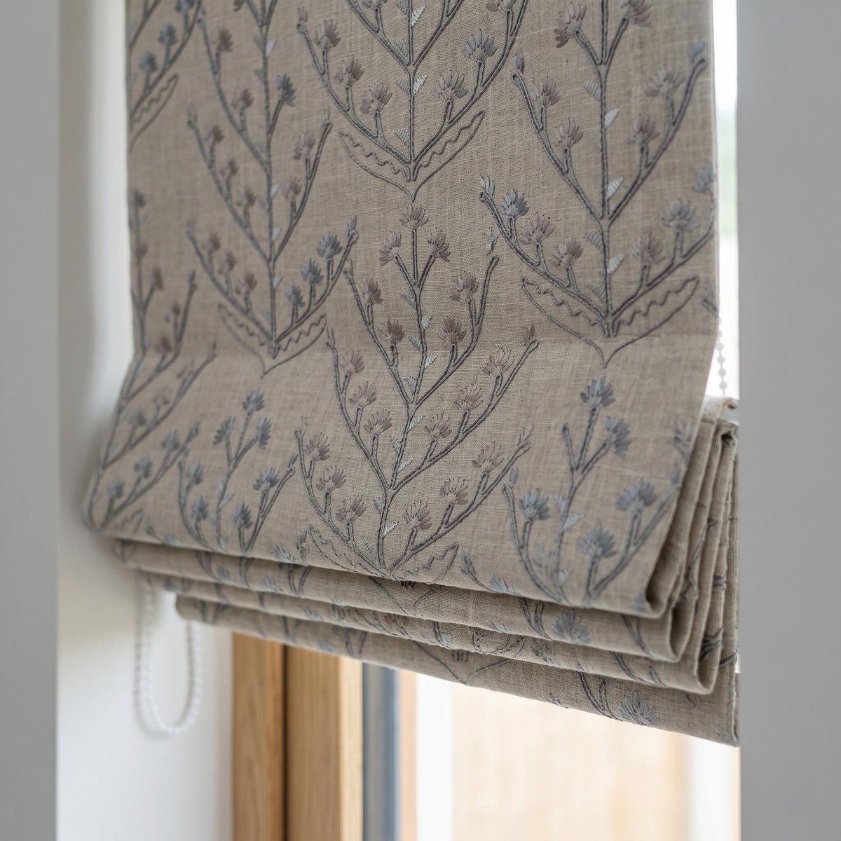 Natural Linen Roman Shade, Dusty Blue Taupe Embroidered Tree Blind, Custom Corded Window Shade, Blackout or Cotton Lined — image 3