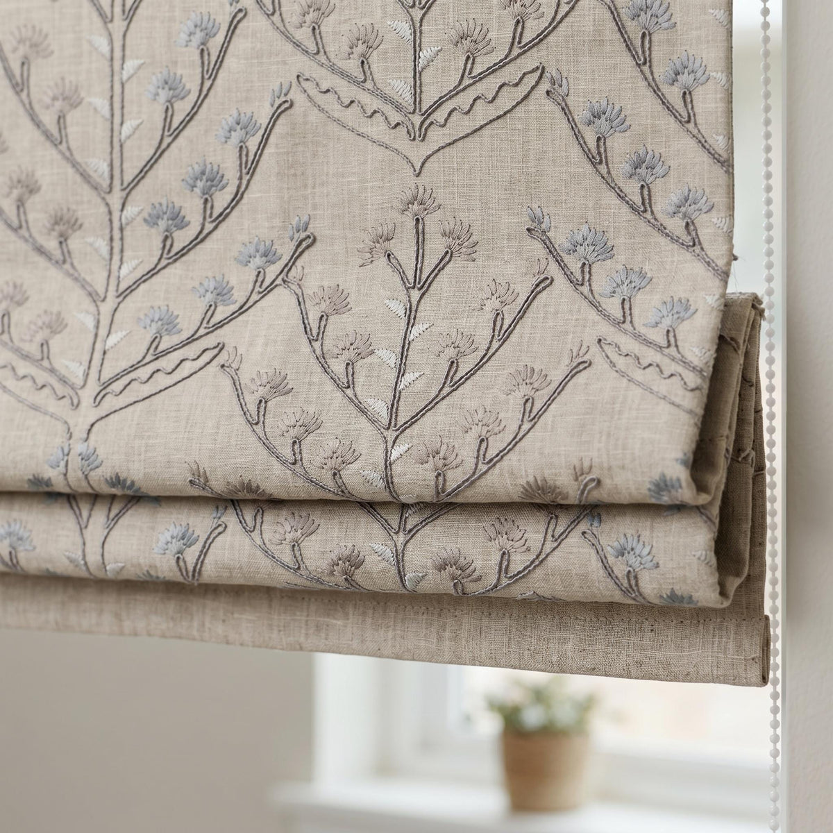 Natural Linen Roman Shade, Dusty Blue Taupe Embroidered Tree Blind, Custom Corded Window Shade, Blackout or Cotton Lined — image 1