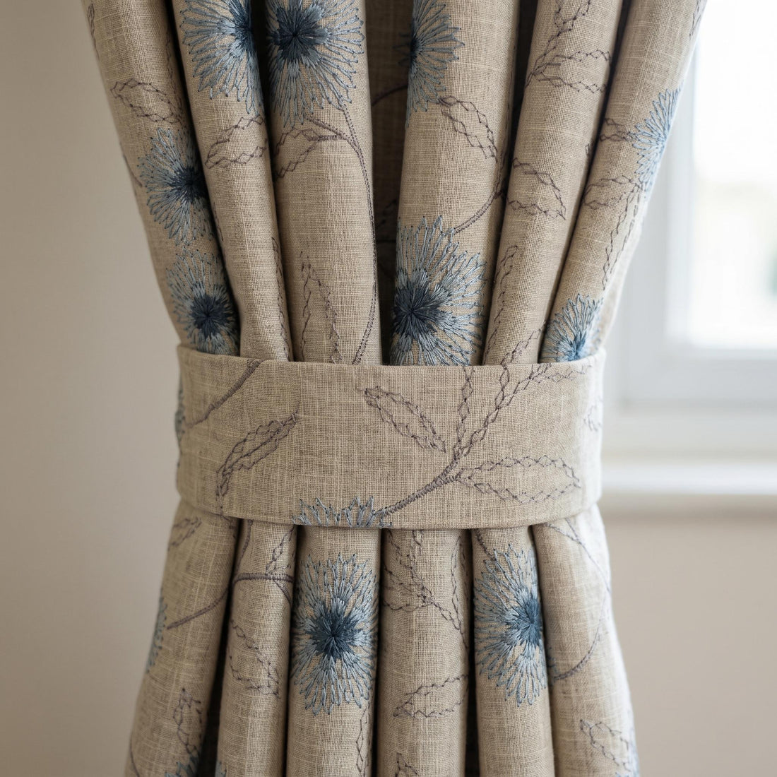 Natural Beige Linen Embroidered Curtains, Blue Dandelion Floral Drapes, Custom Blackout or Cotton Lined Panels — image 1