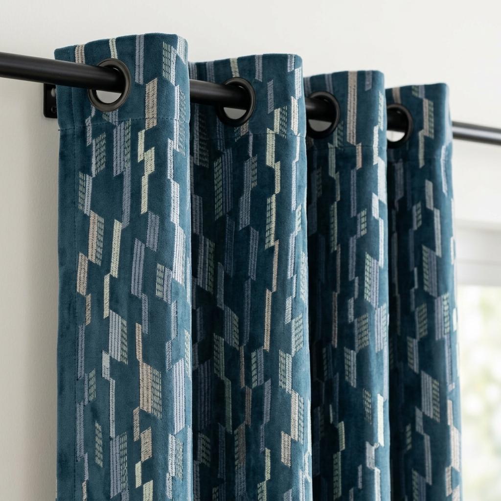 Deep Navy Matte Velvet Embroidered Curtains, Blue Beige Geometric Drapes, Custom Blackout or Cotton Lined Panels — image 4