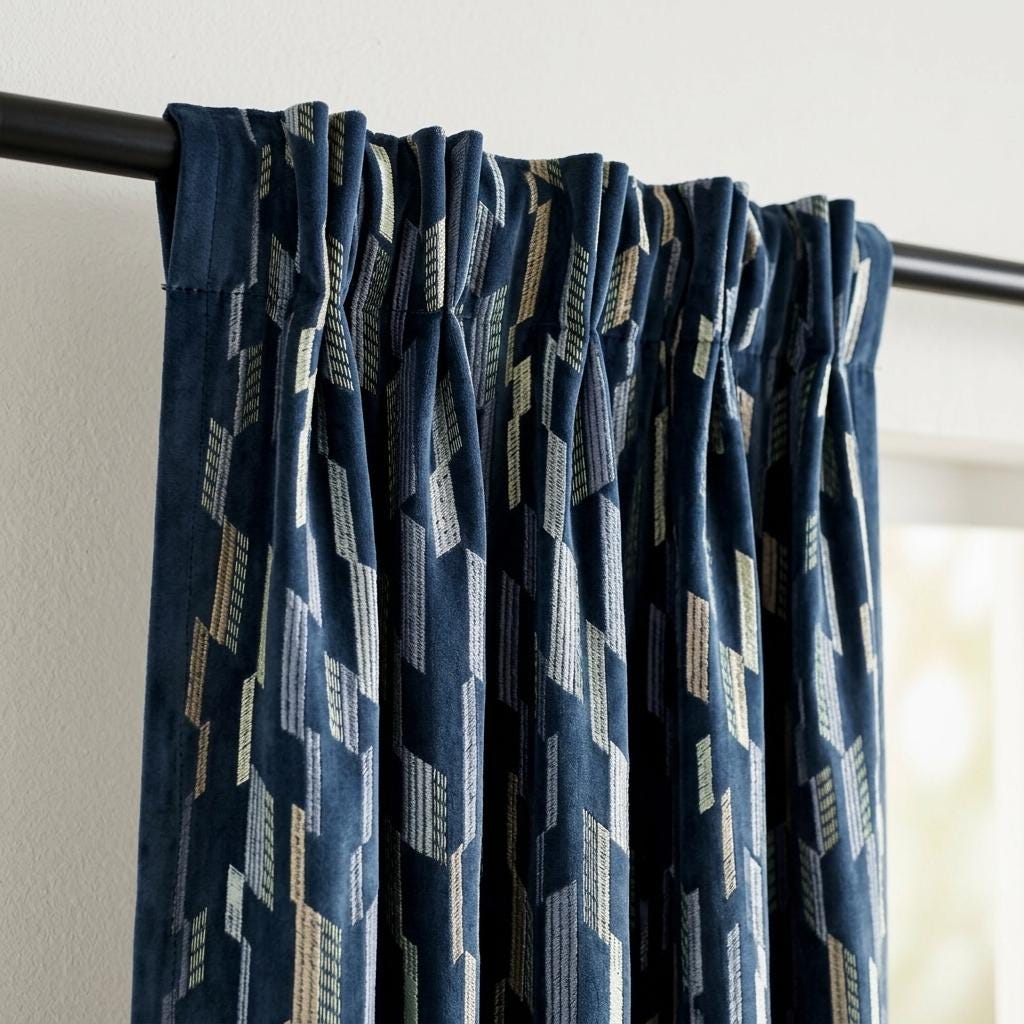 Deep Navy Matte Velvet Embroidered Curtains, Blue Beige Geometric Drapes, Custom Blackout or Cotton Lined Panels — image 7