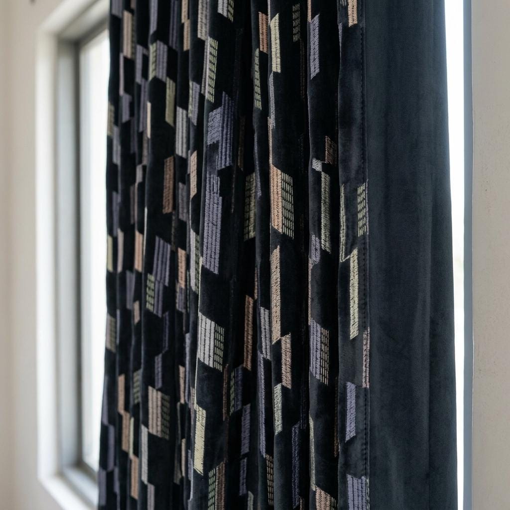 Deep Navy Matte Velvet Embroidered Curtains, Blue Beige Geometric Drapes, Custom Blackout or Cotton Lined Panels — image 5