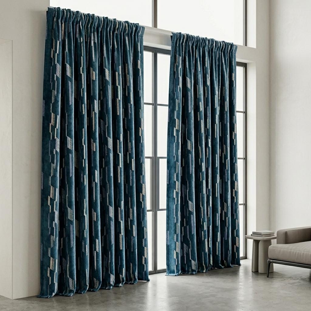 Deep Navy Matte Velvet Embroidered Curtains, Blue Beige Geometric Drapes, Custom Blackout or Cotton Lined Panels — image 9