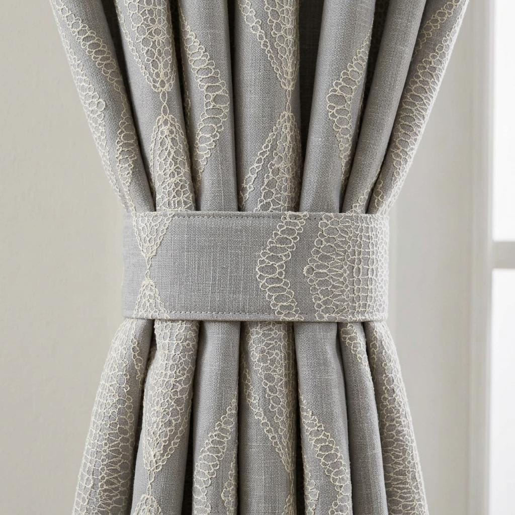 Grey Linen Embroidered Curtains, Ivory Diamond Ogee Drapes, Custom Blackout or Cotton Lined Curtain Panels — image 2