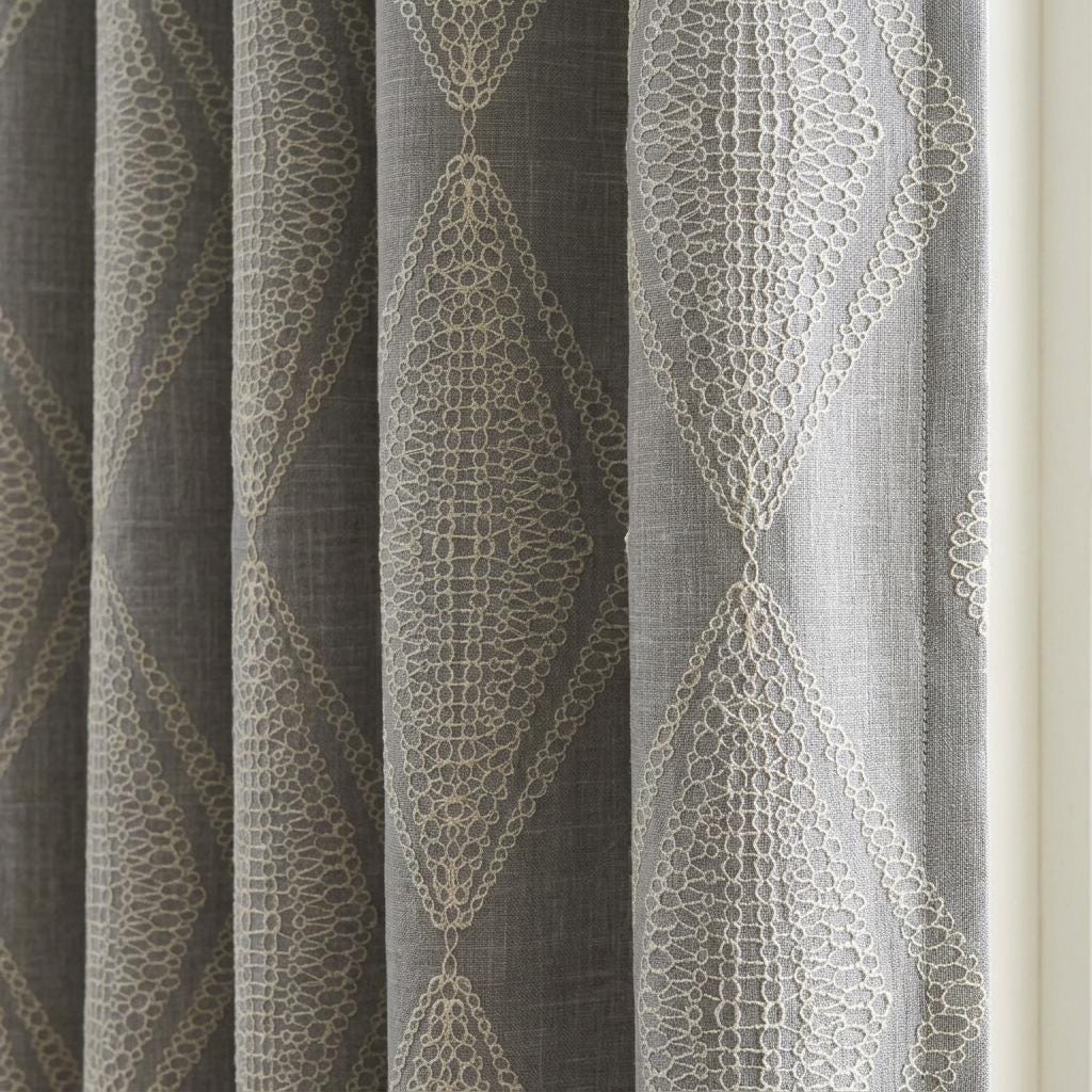 Grey Linen Embroidered Curtains, Ivory Diamond Ogee Drapes, Custom Blackout or Cotton Lined Curtain Panels — image 1