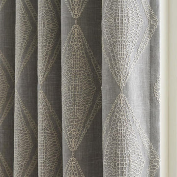 Grey Linen Embroidered Curtains, Ivory Diamond Ogee Drapes, Custom Blackout or Cotton Lined Curtain Panels — image 1