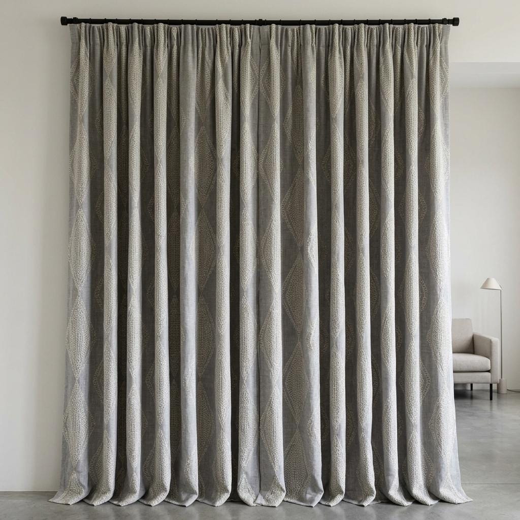 Grey Linen Embroidered Curtains, Ivory Diamond Ogee Drapes, Custom Blackout or Cotton Lined Curtain Panels — image 9
