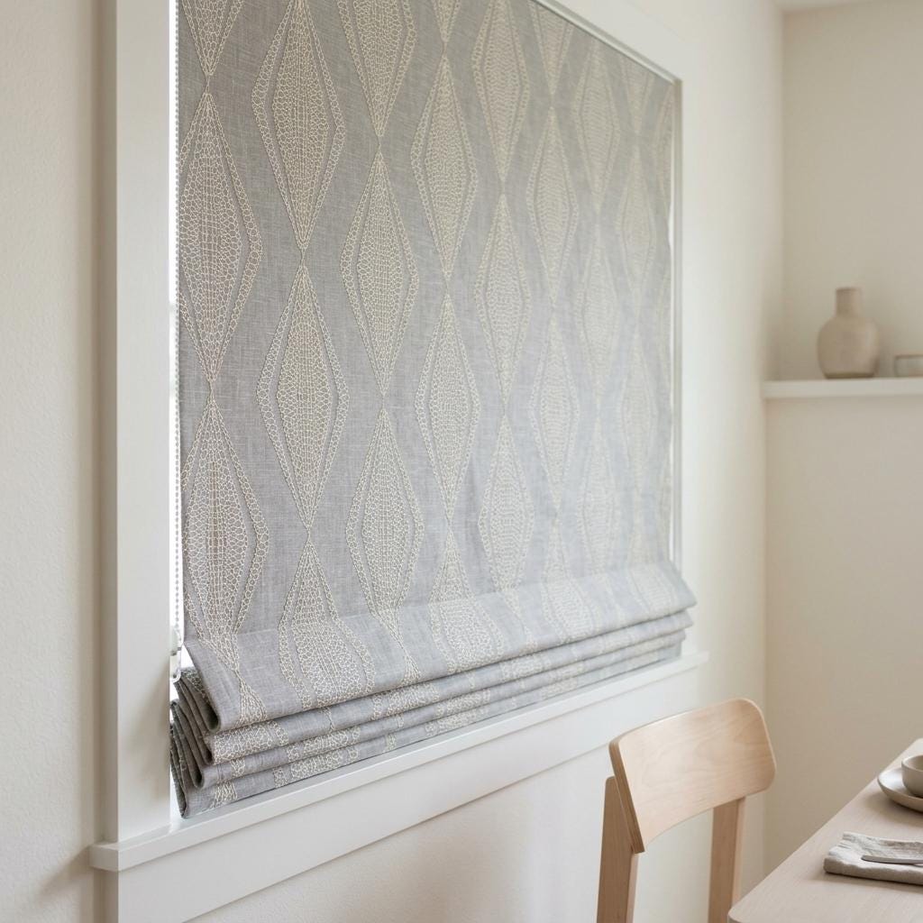 Gray Linen Roman Shade, Ivory Sage Embroidered Diamond Blind, Custom Corded Window Shade, Blackout or Cotton Lined — image 4